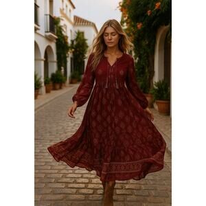 70s Adini Burgundy Boho Maxi Dress | Gold Print Empire Waist Tassel Beads Fall